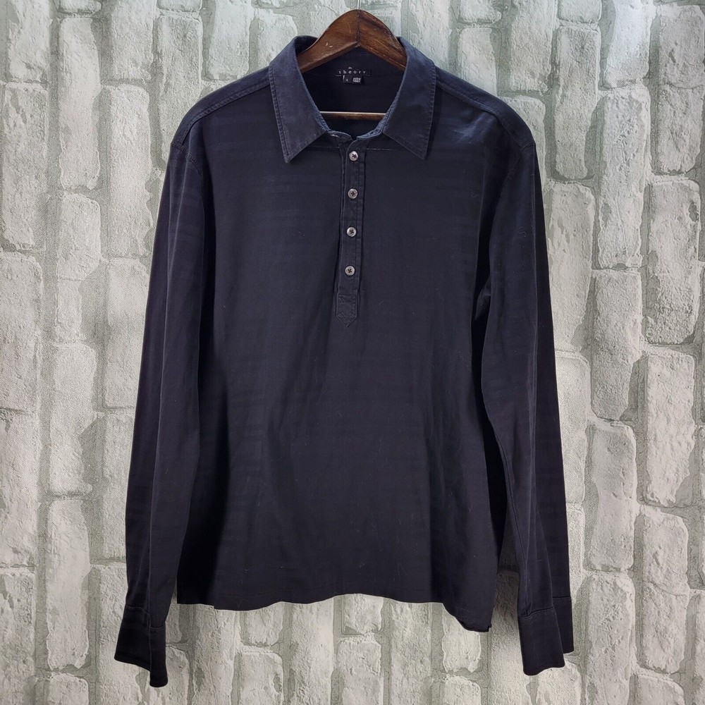THEORY Masser Long Sleeve Polo Shirt Monochrome Black Stripe Button Cuff…